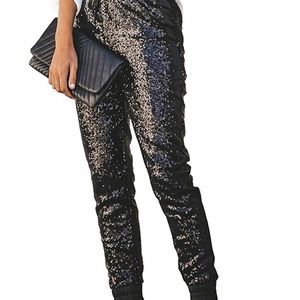 ALLUMK Womens Black Sequin Bling Legging Joggers Pencil Pants size M